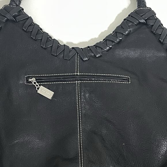 Donald J Pliner Braided Woven Trim Hobo Bag Black Leather Large Boho Flaws - Picture 2 of 16